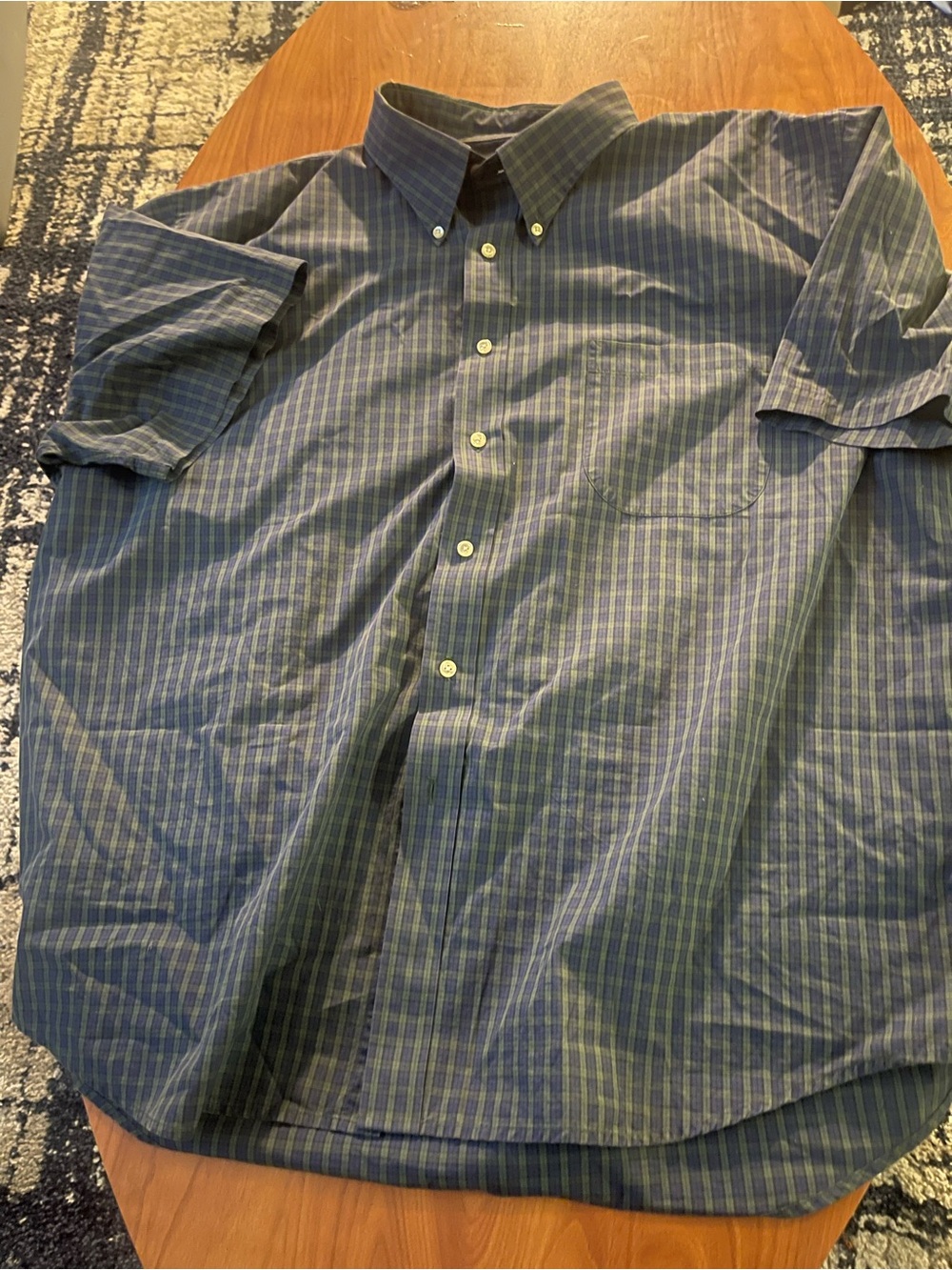 Lands' End Short-Sleeve Button-Down Shirt in Blue and Green Plaid